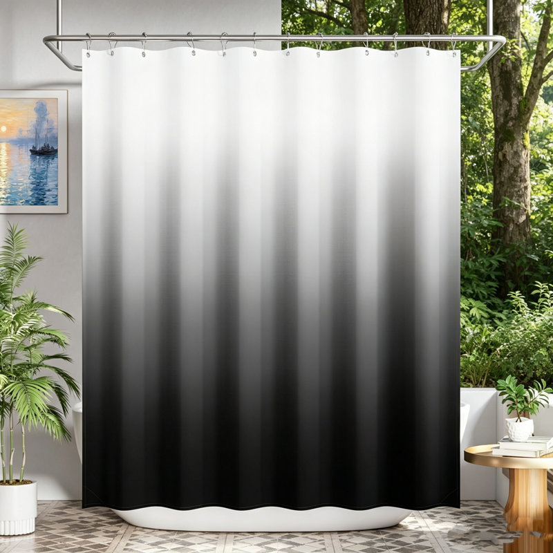 Ensemble de rideau de douche en tissu noir et blanc avec 12 crochets, 72 x 84 po