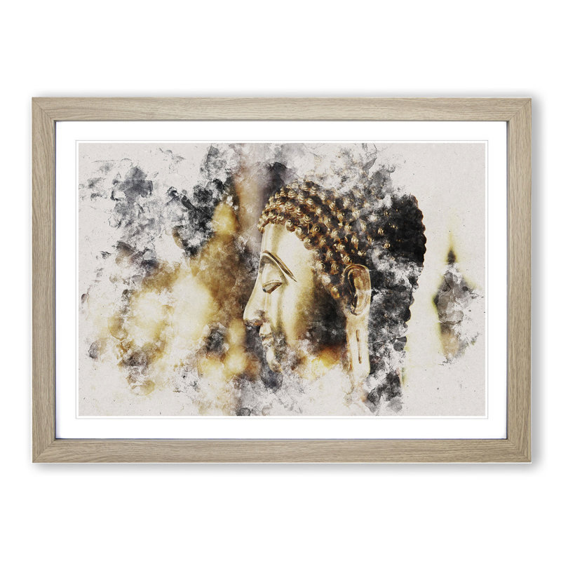 Buddha Statue Vol.5 Watercolour - Picture Frame Graphic Art, Oak, 27cm H x 36cm W x 2cm D