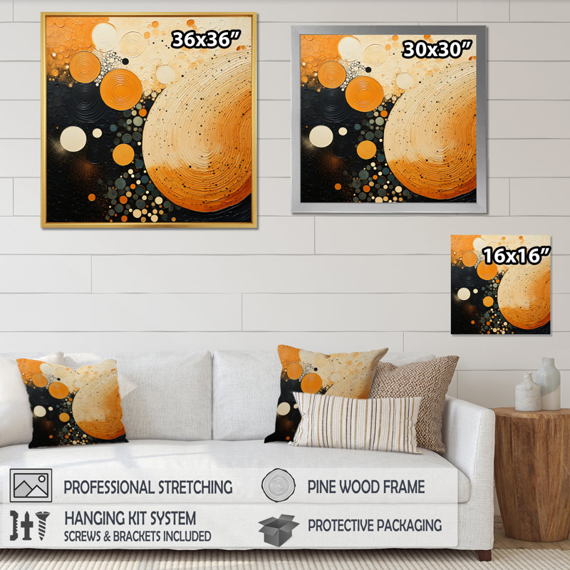 Harmonie organique orange et noire du milieu du siècle - imprimé, H 16 po x l 16 po x P 1 po, Cadre flottant doré