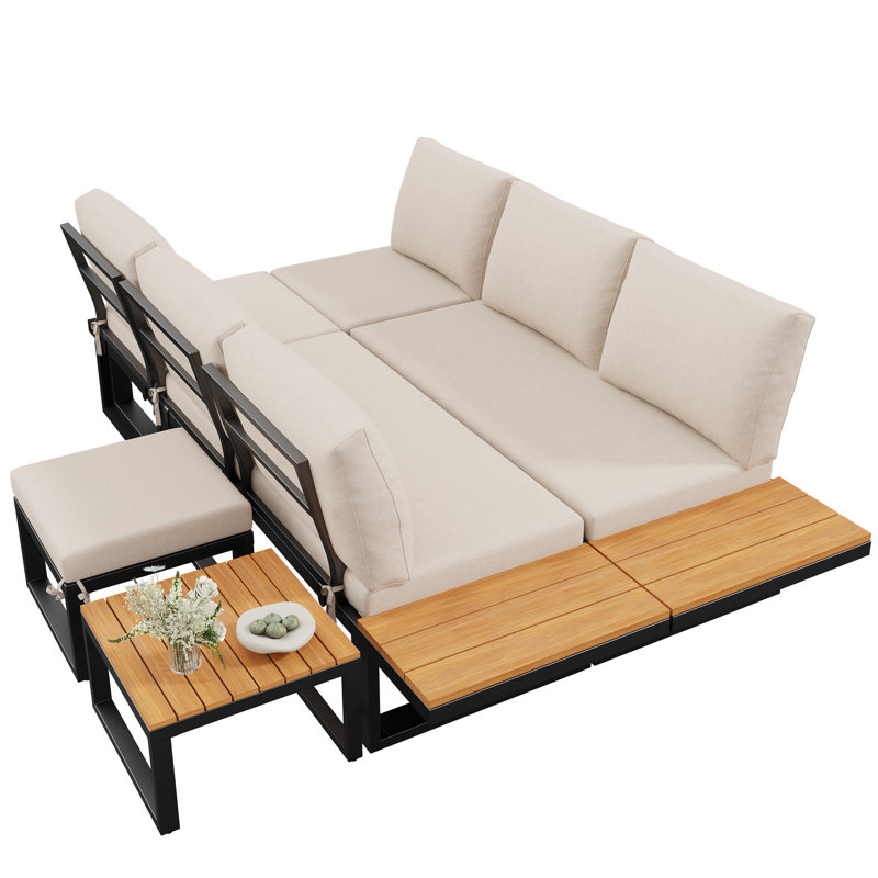 6-Piece Outdoor Lounge Set, L-Shaped Sofa With Coffee Table & Cushions, Beige