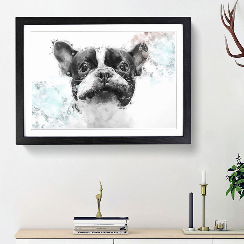 French Bulldog Dog in Abstract - Picture Frame Painting Print on MDF, Black Framed, 62cm H x 87cm W 