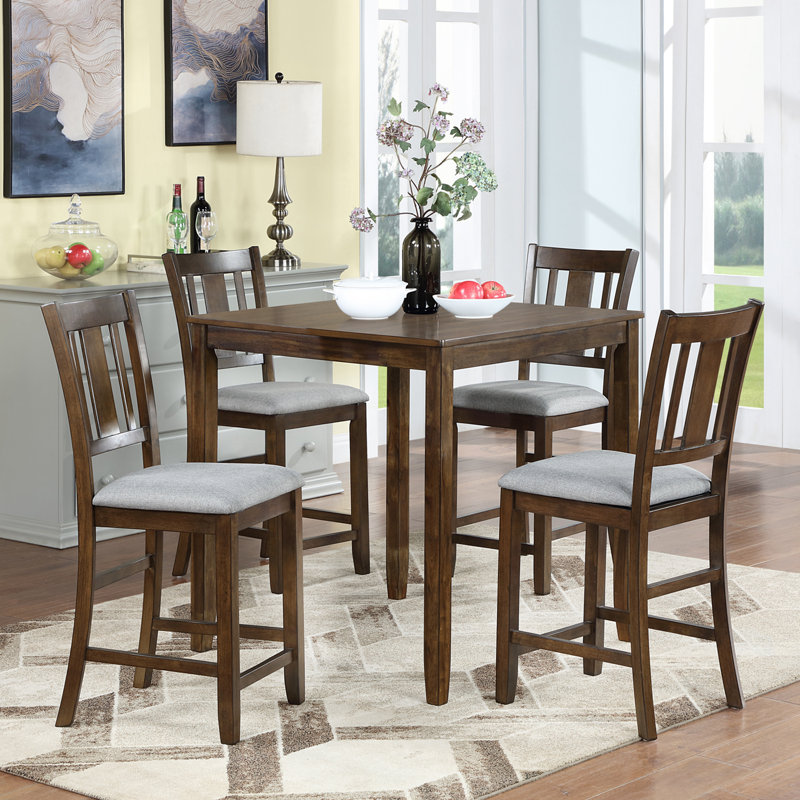 Ensemble de table de salle à manger 5 pièces en bois avec table carrée et 4 chaises à dossier en lattes, Noyer