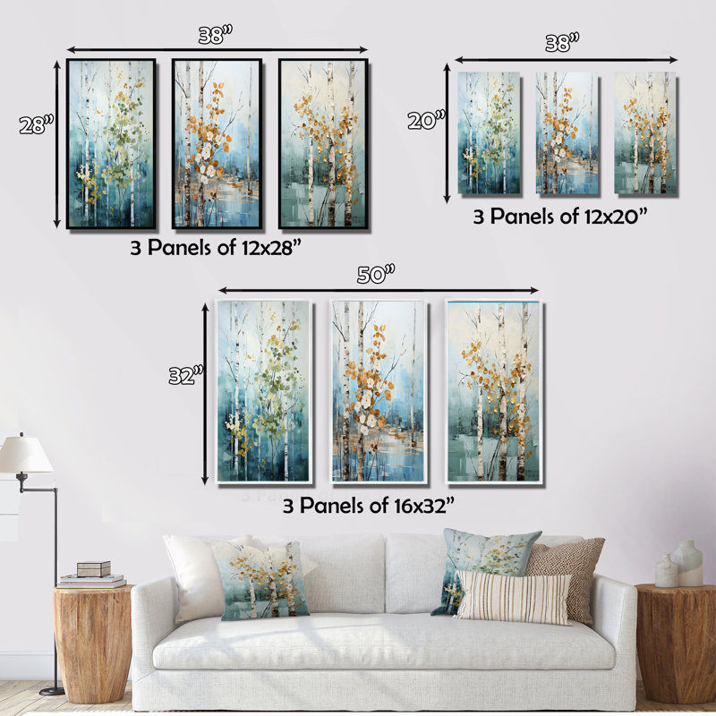 «Birch Woods Whispering Winds III», 3 pièces, H 20 po x l 36 po, Cadre blanc