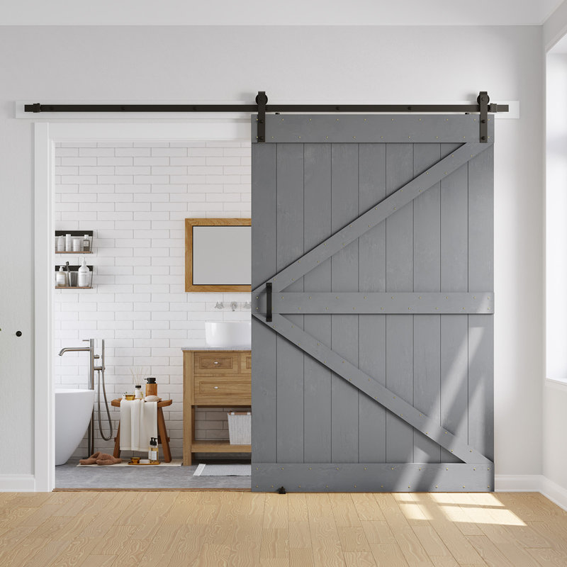 Solid Wood Panelled Barn Door with Installation Hardware Kit, 48" x 84", Grey