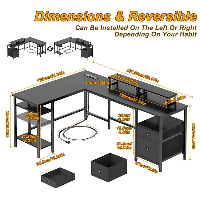 L-shaped Computer Desk With 2 Drawers & Storage Shelves, Home Office Desk With Built-in Outlets & Monitor Stand, Black