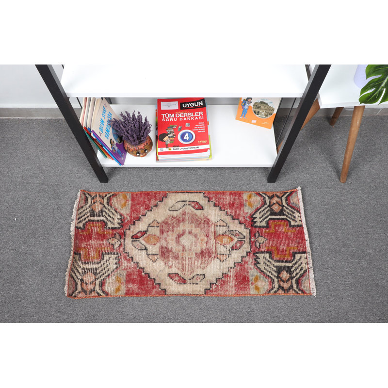 Handwoven Vintage Small Turkish Red Oushak Rug Ideal For Bathroom or as a Stylish Door Mat - Perfect Gift
