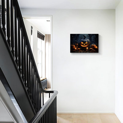 Décoration d'Halloween Jack-O'-Lantern sur autel, art mural sur toile, lanterne de citrouille effrayante avec bougies blanches, encadrée, horreur gothique foncé, affiche décorative pour le salon, chambre à coucher, 24 x 16 po