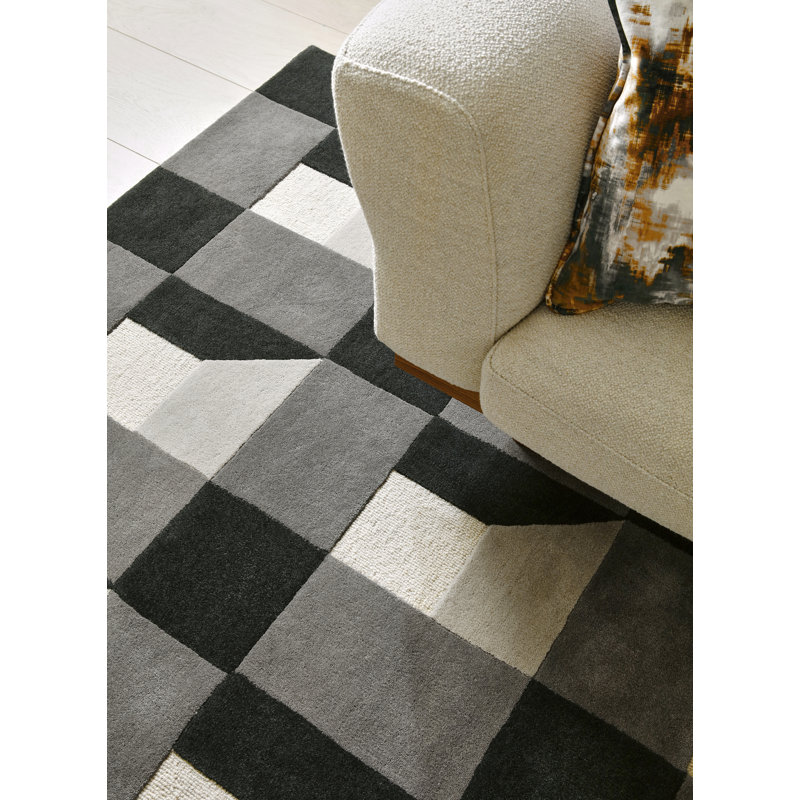 Hand Tufted Wool Geometric Area Rug in Slate/White, Rectangle 4'7" x 6'7"