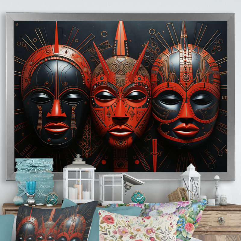 «Cintya Red African Masks I», reproduction sur toile, H 30 po x l 40 po x P 1,5 po, Cadre photo argenté