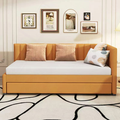 Upholstered Daybed With Trundle Sofa Bed Frame No Box Spring Needed, Linen Fabric