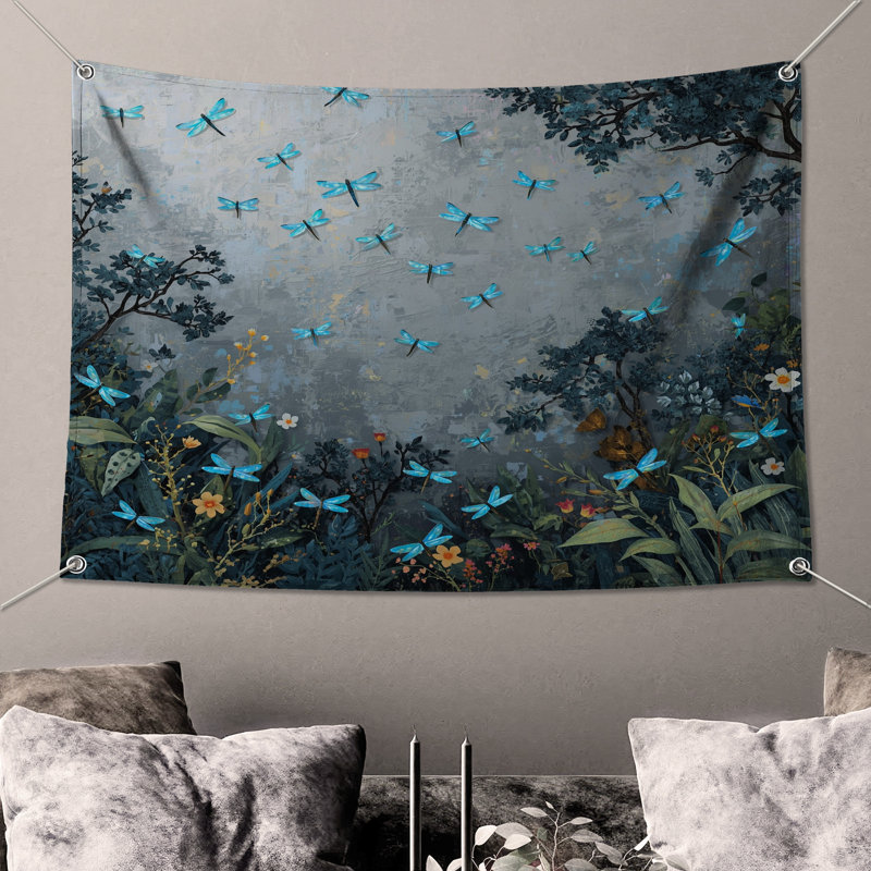 Tapisserie murale «Blue Dragonflies In Garden» - décoration murale libellules, H 68 po x l 80 po avec 4 œillets