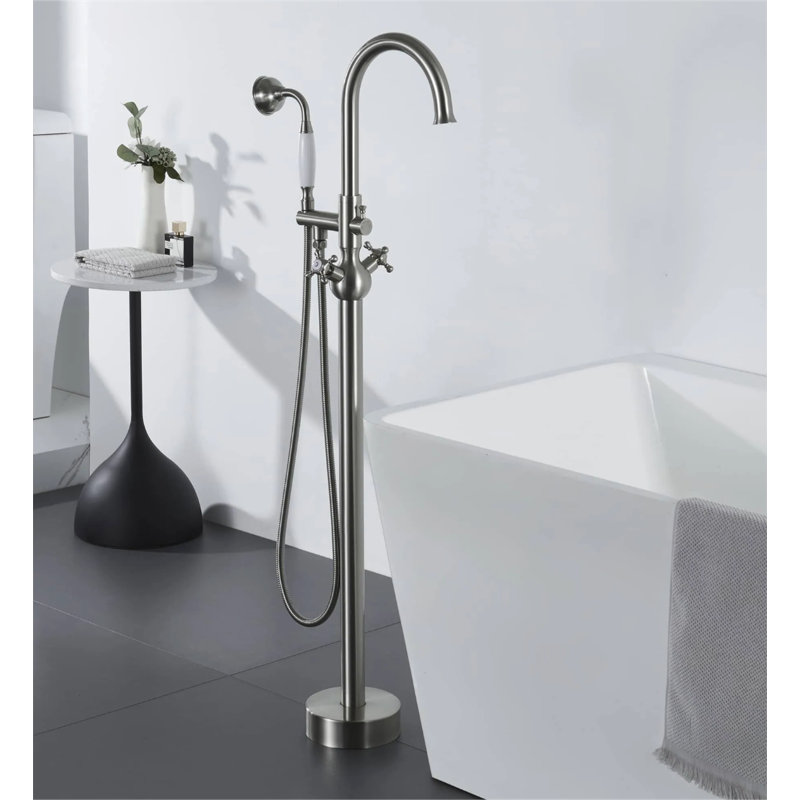 2 Handle FLOOR MOUNT Clawfoot Tub Faucet with Diverter, Brushed Nickel