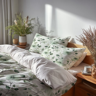 Country Farmhouse 4 Pcs Bedding Set - Floral Willow Green Blooms Bed Comforter Set
