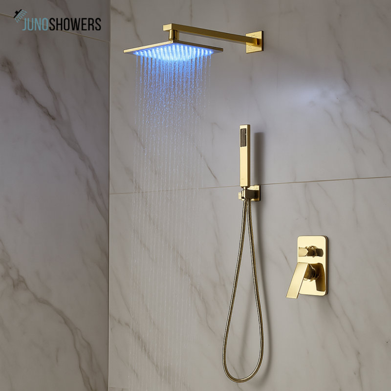 Square Gold Finish LED Wall-Mounted Shower System with Handheld Shower Water-Powered Lights