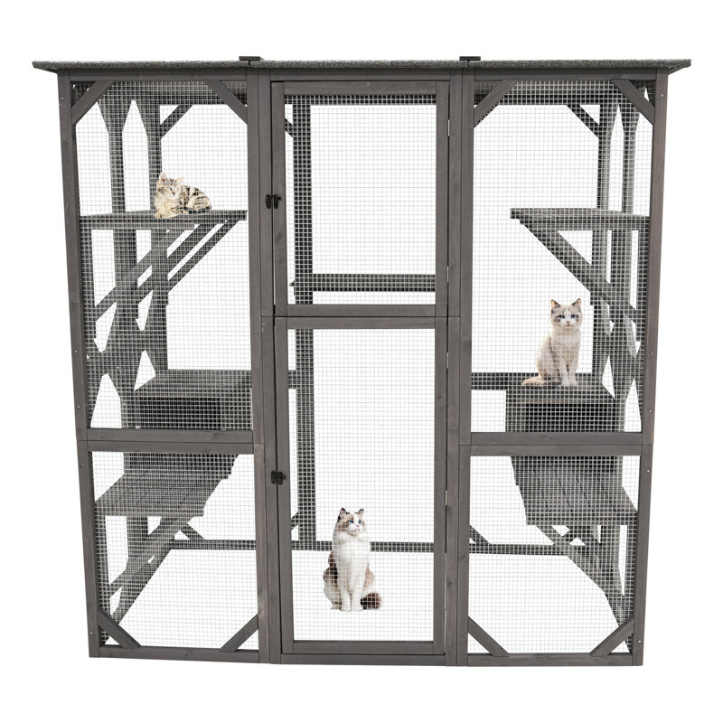 Spacious Cat Shelter With Pull-out Tray And Two Lounges - Relaxing House Solid Wood Lockable Doors Seven Jumping Platforms Fun