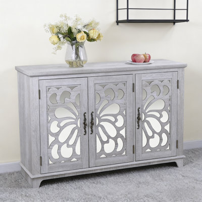 Buffet gris élégant avec 2 portes en miroir en acrylique - Buffet décoratif creux sculpté avec rangement et tablettes réglables pour le salon et la cuisine