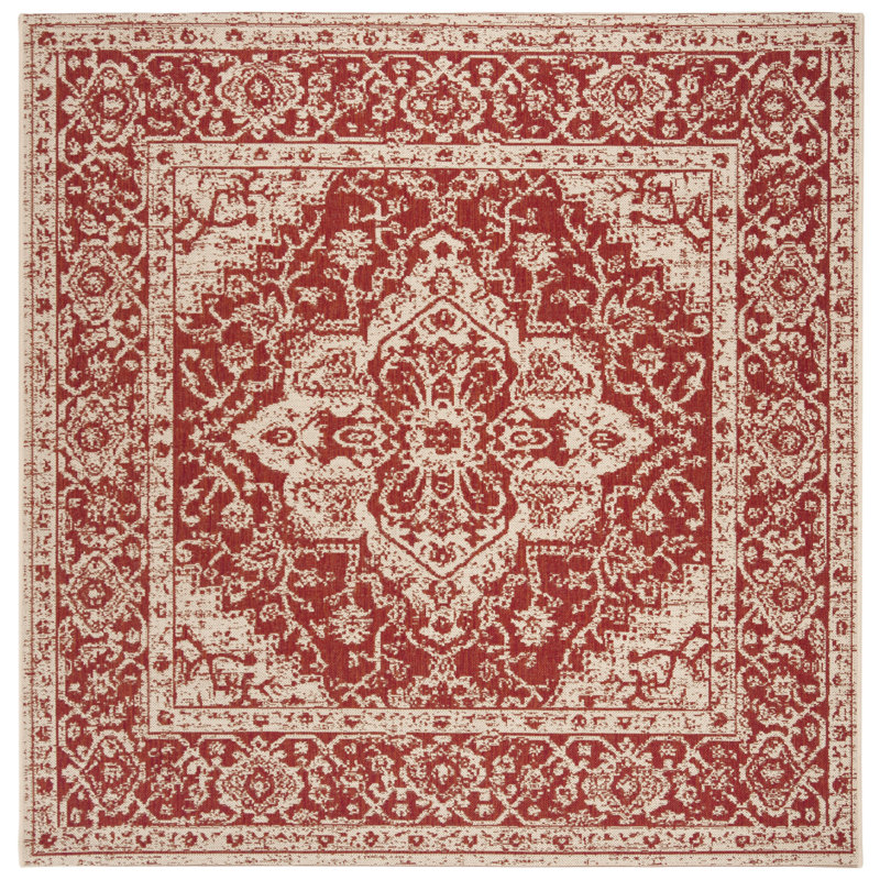 Tapis oriental rouge / crème intérieur / extérieur Danya, Carré 6 pi 7 po
