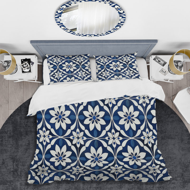 Ensemble de housse de couette transitionnel bleu et blanc Timeless Floral Geo Tile II