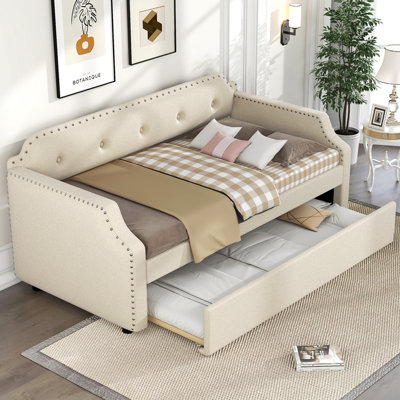 Upholstered Daybed with Trundle, Wood Slat Support,Upholstered Frame Sofa Bed, Twin, Beige
