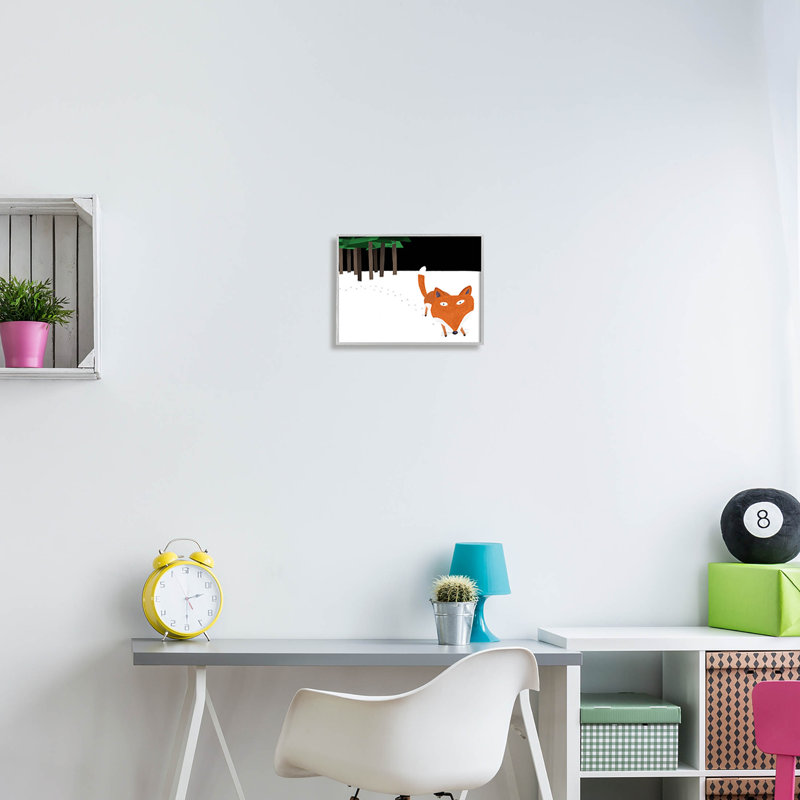 «Snowy Fox Paw Prints» par Carla Daly - impression sur bois, H 11 po x l 14 po x P 1,5 po, Cadre flottant gris lustré