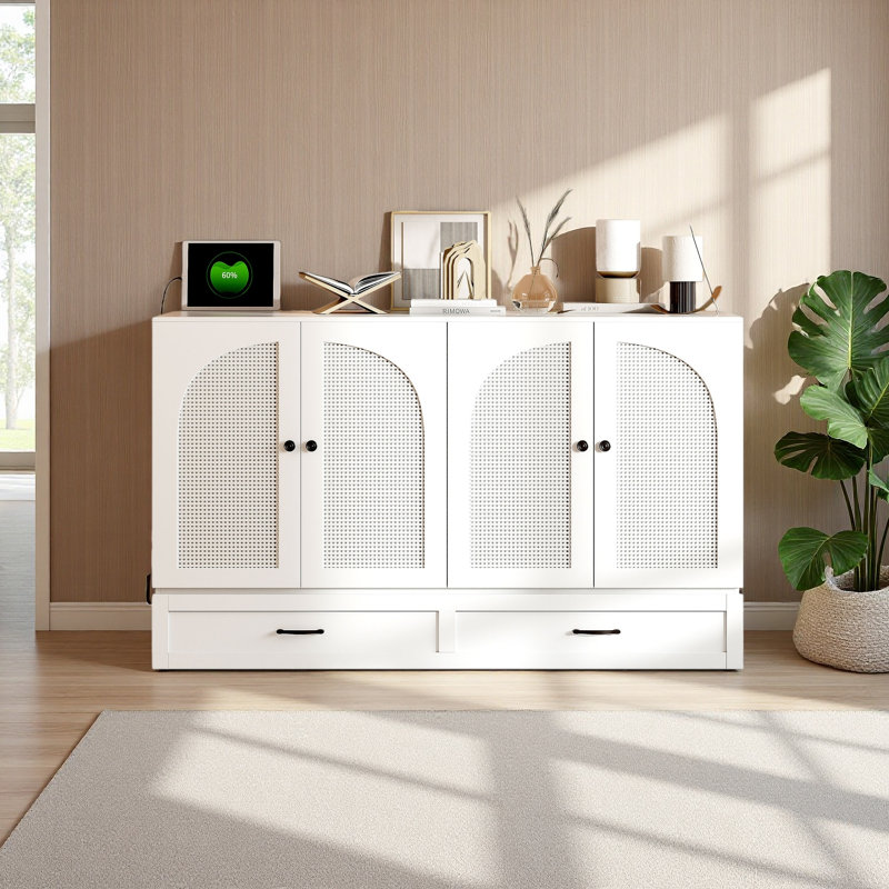 Lit escamotable avec grands tiroirs Murphy, Blanc, Grand lit