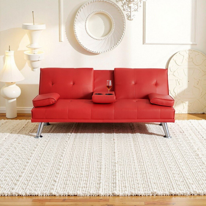 67-Inch Red Leather Multi-Functional Sofa Bed with Coffee Table – Perfect for Small Spaces, Office, or Living Room, Red