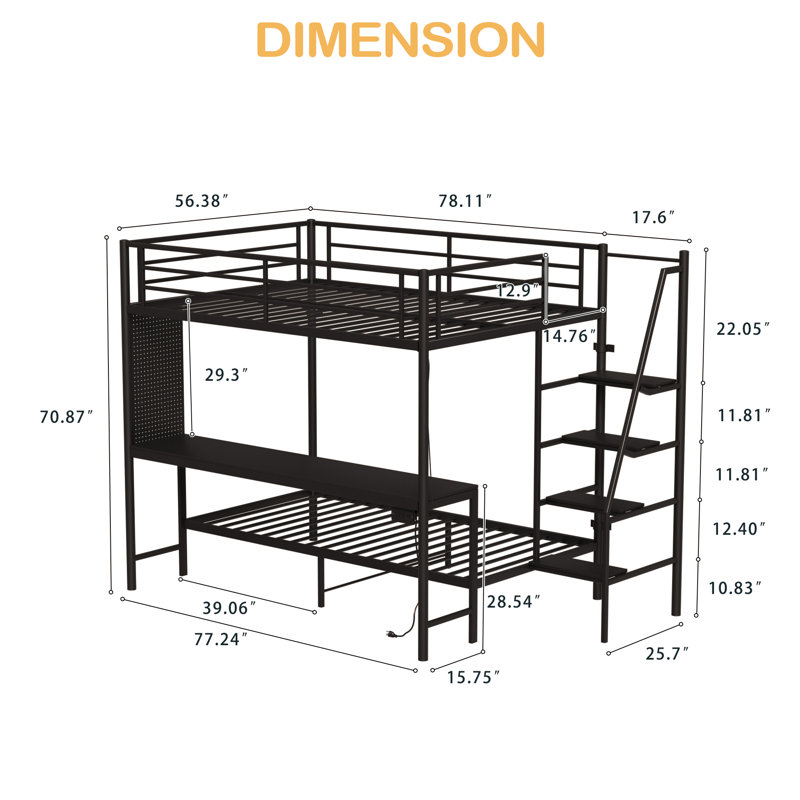 Full Size Bunk Bed With Twin Size, LED Light And Charging Socket, Black