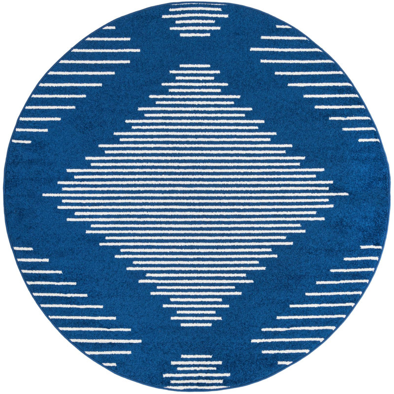 Tapis géométrique bleu marine en polypropylène tissé à la machine, Rond 6 pi