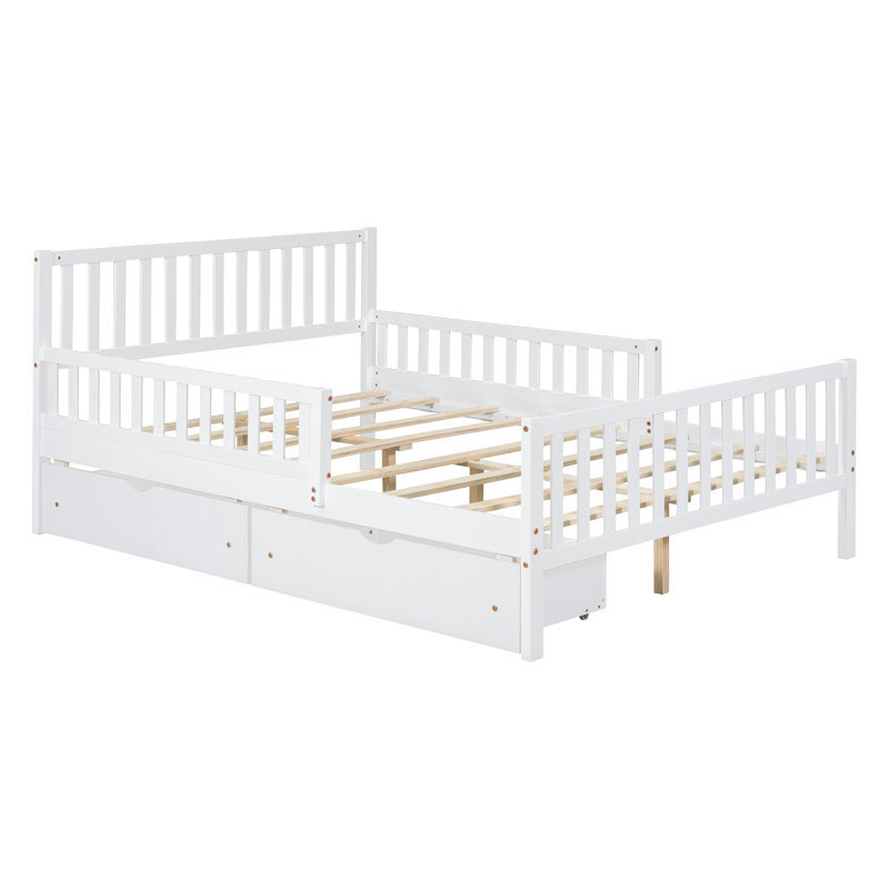 Lit en bois avec garde-corps et plateforme pratique, Lit double, Blanc