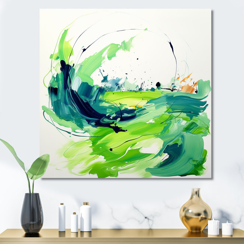 «Green and White Abstract Ink Expression VI», art mural abstrait, Toile tendue, H 30 po x l 30 po x P 1,5 po