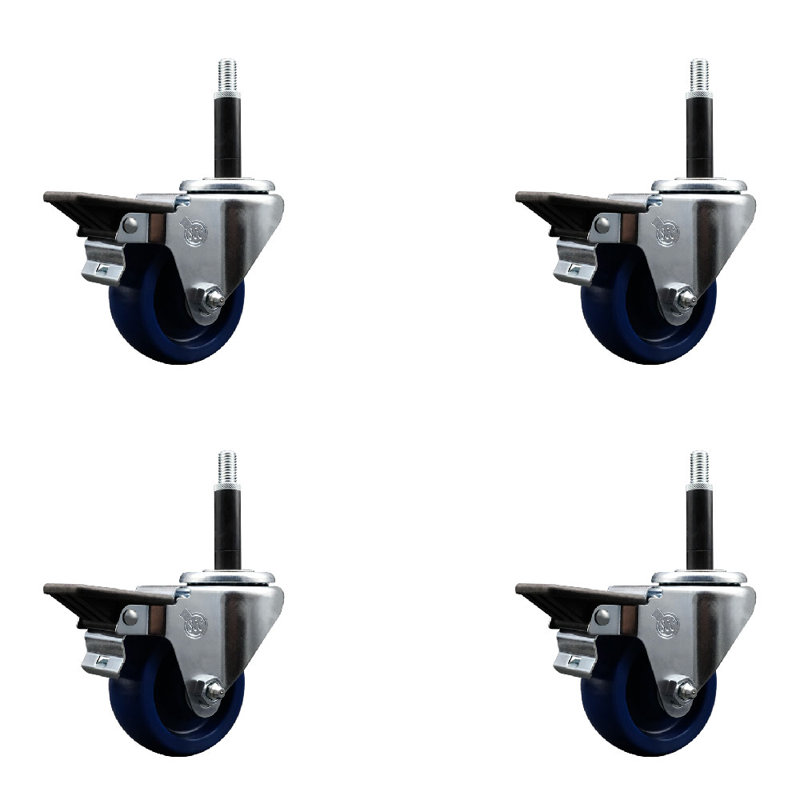 3 Inch Solid Poly Swivel 3/4 Inch Expanding Stem Caster Set with Brake SCC