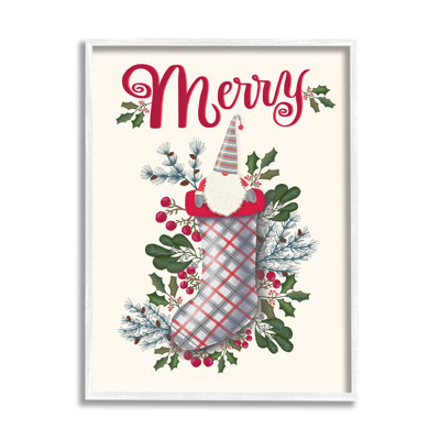«Merry Sentiment Christmas Gnome in Plaid Holly Stocking» par Darlene Seale - impression
