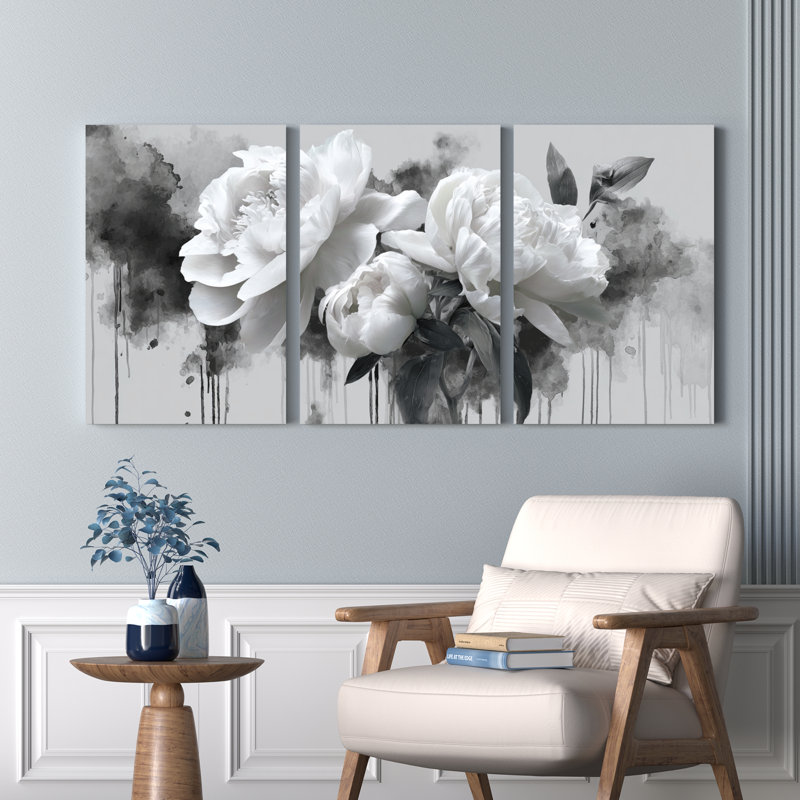 Pivoine noire et blanche à l'aquarelle sur toile, ensemble de 3 reproductions de peintures à l'huile