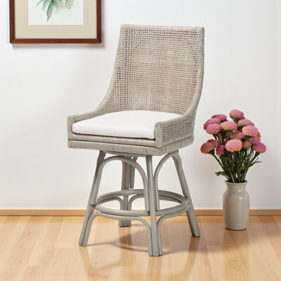 Roiya Rattan Counter Stool with Cushion, White/French Grey 39.94'' H X 19.77'' W X 21.67'' D