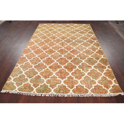 Tapis décoratif en laine brun clair/blanc de conception unique 5 pi 5 po x 7 pi 9 po noué à la main New Age