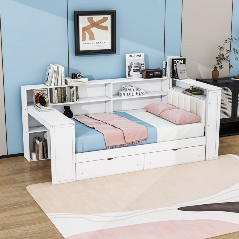 Lit de jour en bois avec tablettes, tiroirs, station de charge, DEL et bureau, Simple, Blanc / Blanc