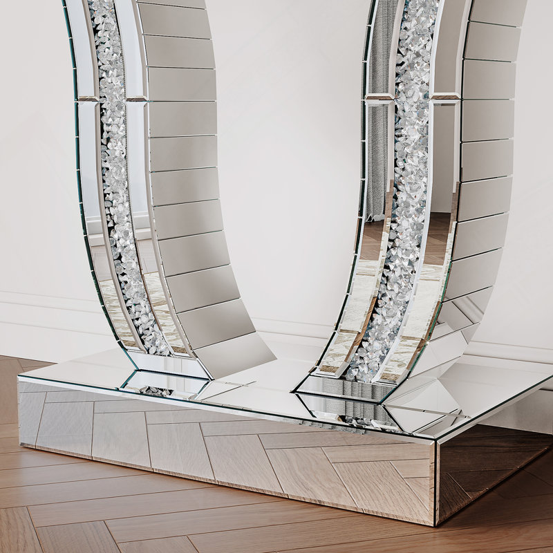 Console à miroir de 43 pouces, canapé d'entrée argent moderne avec pieds courbés incrustés de pierre, décoration glamour et polyvalente pour le salon et le couloir