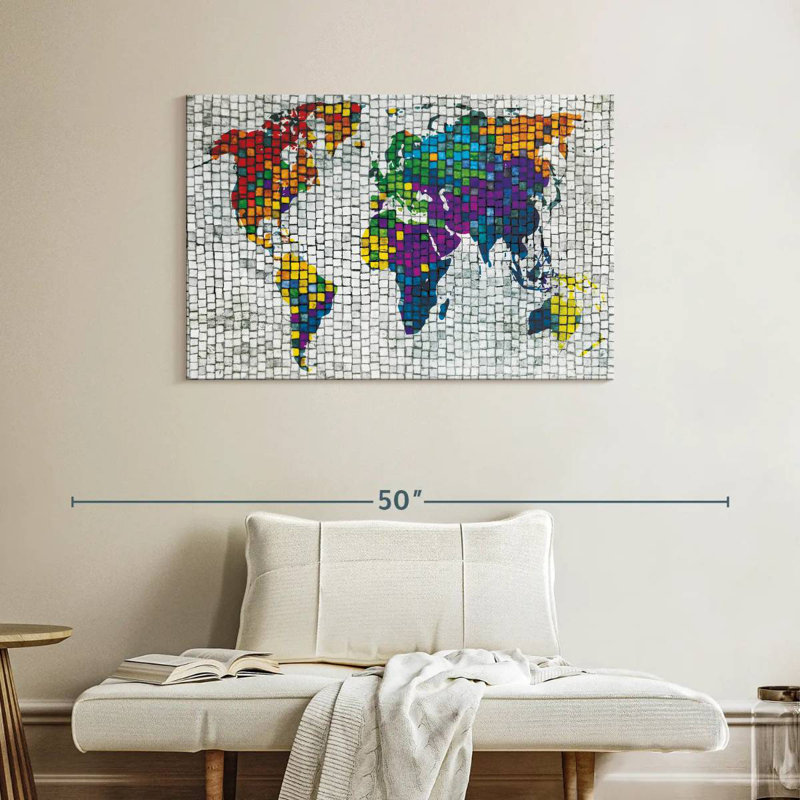 Carte du monde en mosaïque de pierre Aliaz, H 26 po x l 39 po