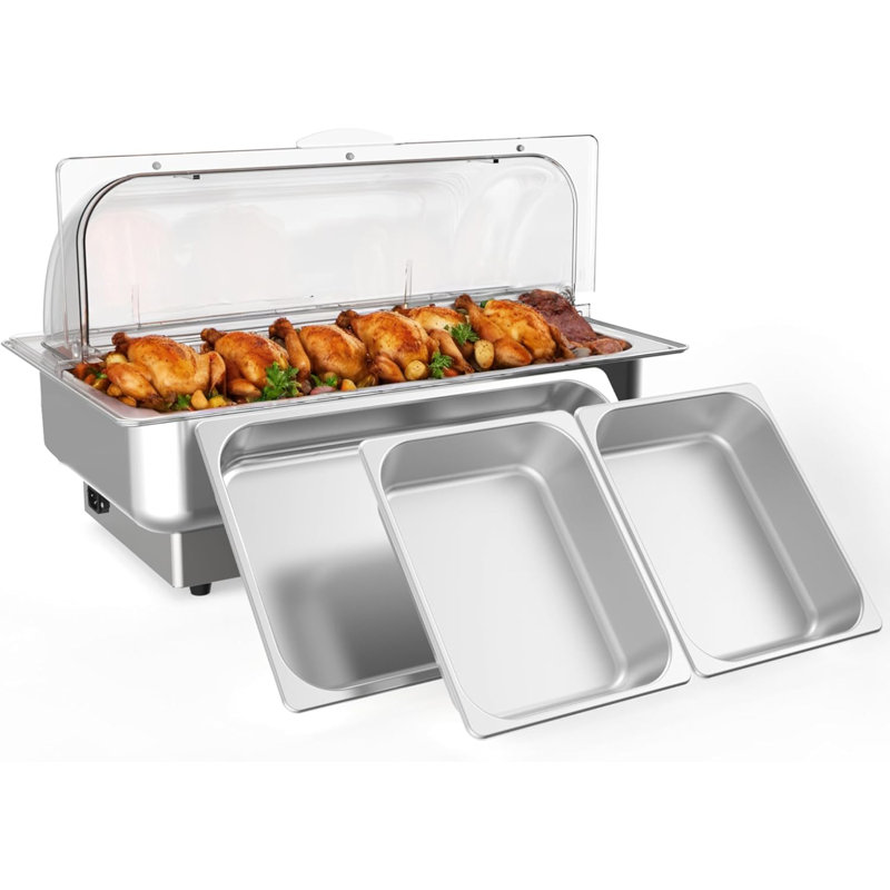 Ensemble de chauffe-plat électrique avec contrôle de la température, chauffe-plats et réchauds en acier inoxydable 9 pte Roll Top