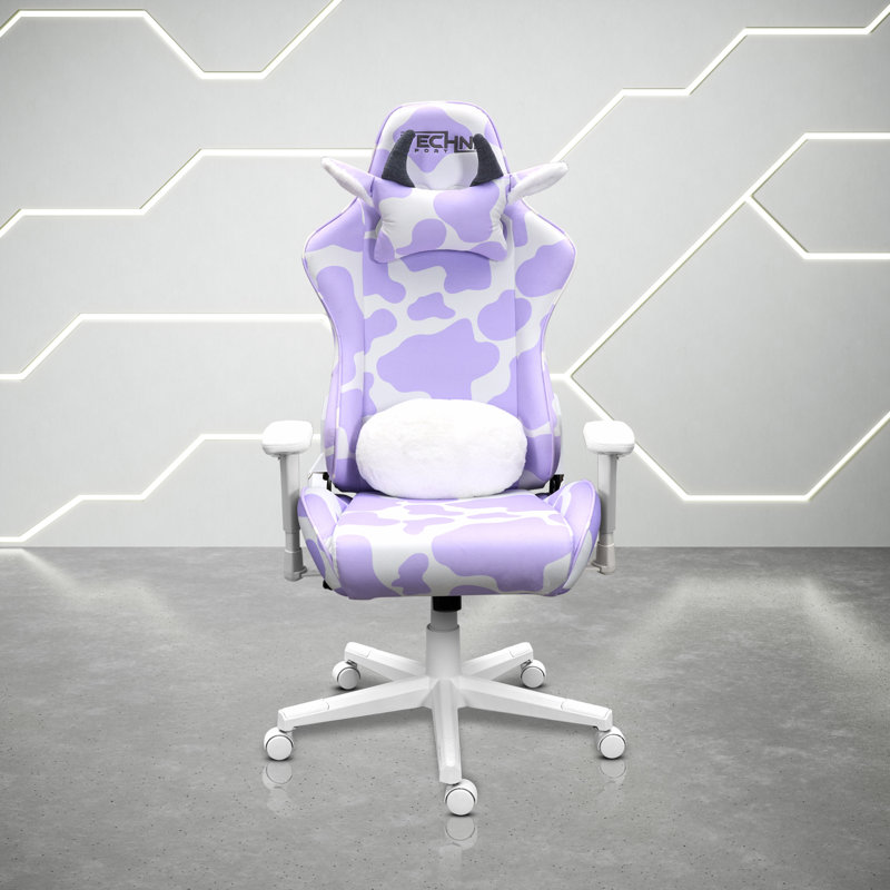 Lavender and White Velvet Ergonomic Gaming Chair with Cow Print