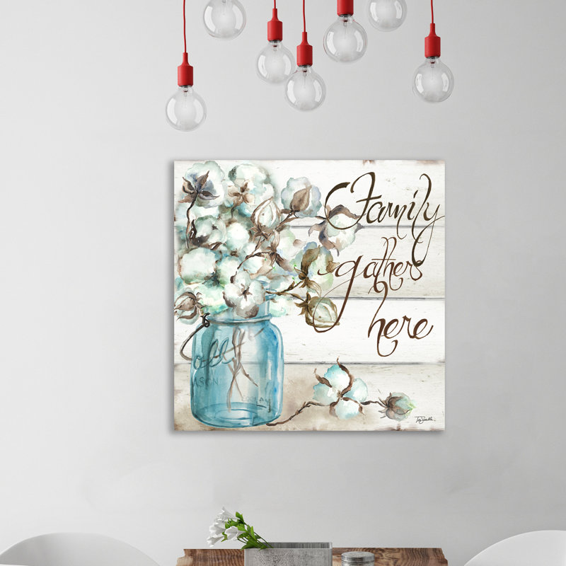 «Cotton Boll in Mason Jar Family Gather Here», reproduction d'art encadrée, H 30 po x l 30 po x P 1,5 po