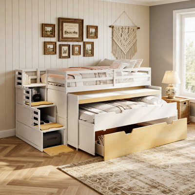 Lit mezzanine simple TG avec bureau coulissant et lit gigogne simple, lit superposé multifonctionnel avec 2 tiroirs de rangement et marches de rangement, jeu de lit et station de travail peu encombrants