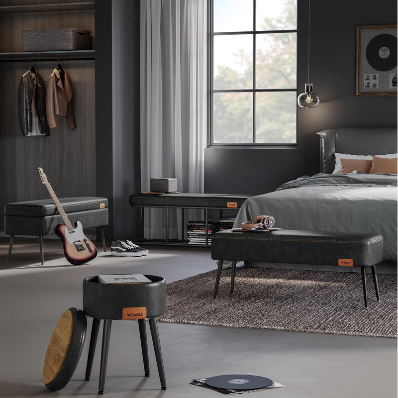 Banc de rangement en cuir, Noir encre, Standard
