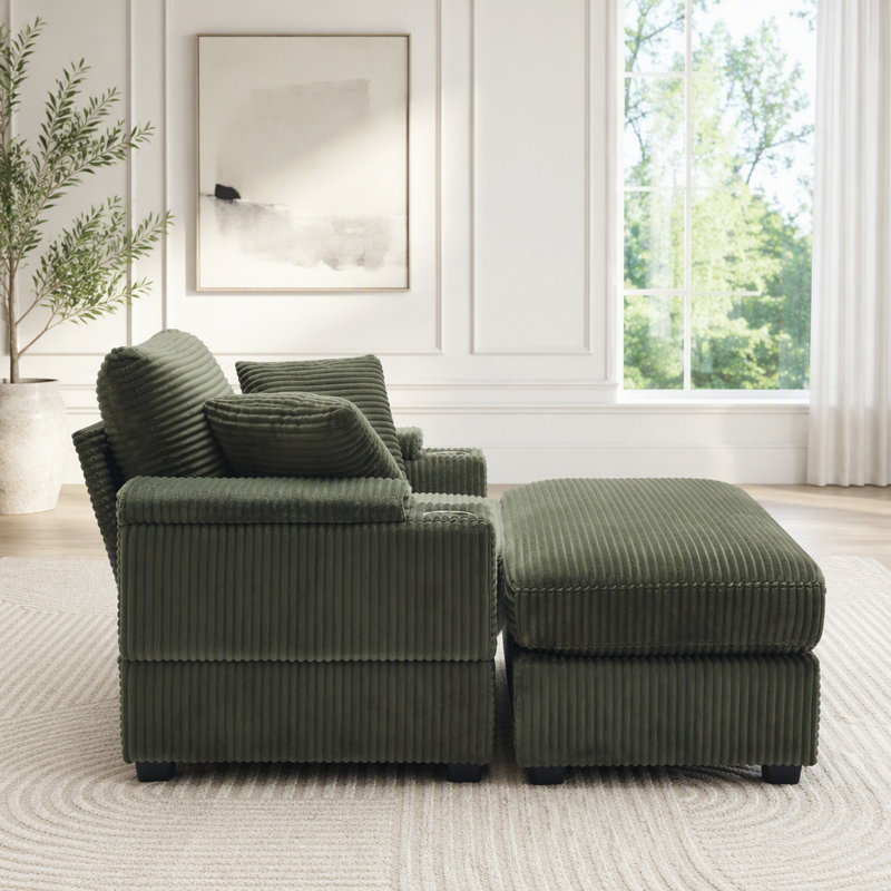 Canapé en velours côtelé avec accoudoirs de rangement et repose-pieds mobile Corduroy, L 50,19 po, Velours côtelé vert foncé