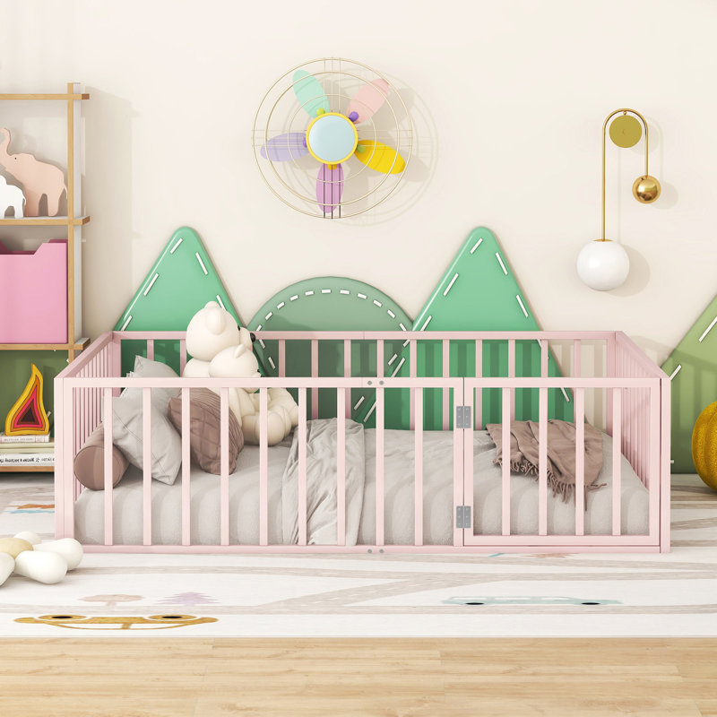 Full Size Floor Bed With Rails For Kids,Metal Montessori Floor Bed With Door, Easy Assemble, Pink, Full, Pink
