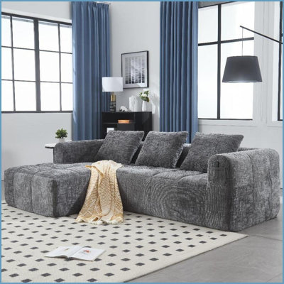 Canapé modulaire moderne en L de 98,42 po avec méridienne en chenille douce, sans assemblage, poches latérales pour le salon | Chenille | Dossier rembourré | Noir