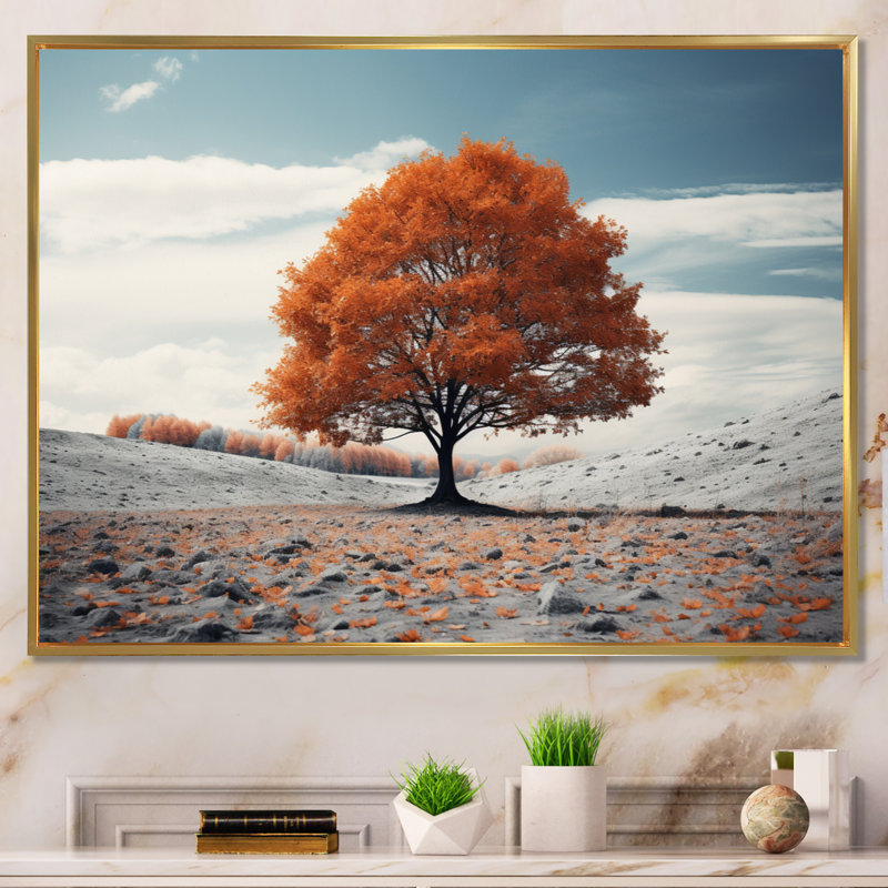«Red Tree Autumn Whispers - Landscape Trees», reproduction d'art sur toile, H 12 po x l 20 po x P 1 po, Cadre flottant doré