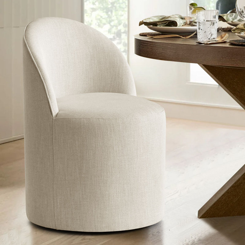Linen Upholstered Swivel Dining Chair With Hidden Casters, Beige