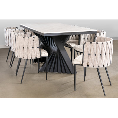 Seraphina Waterfall Dining Table Set and Woven Pattern Chairs – 7 Piece Modern Dining Room Set