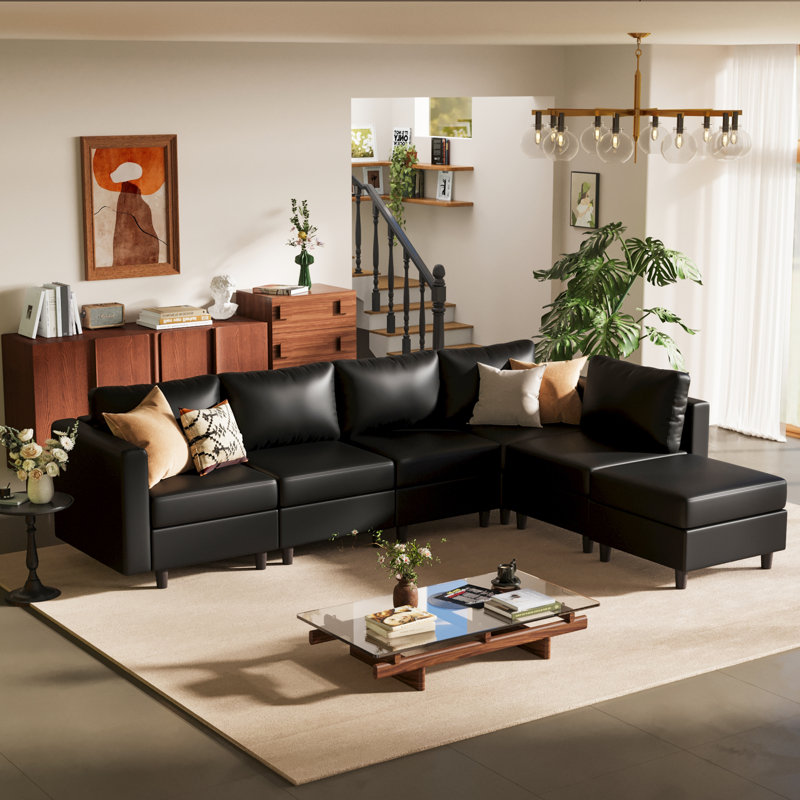 Canapé modulaire réversible en L 6 pièces avec siège de rangement 118,5 po en similicuir noir 6 pièces, Similicuir noir